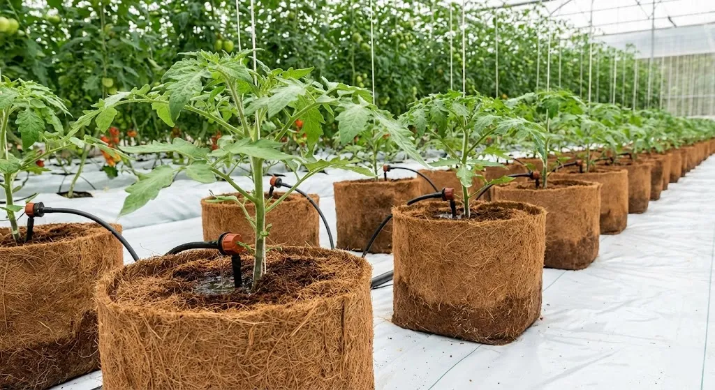 سیستم آبیاری قطره ای در گلخانه کشت بدون خاک با بستر کوکوپیت برای پرورش بوته های گوجه فرنگی