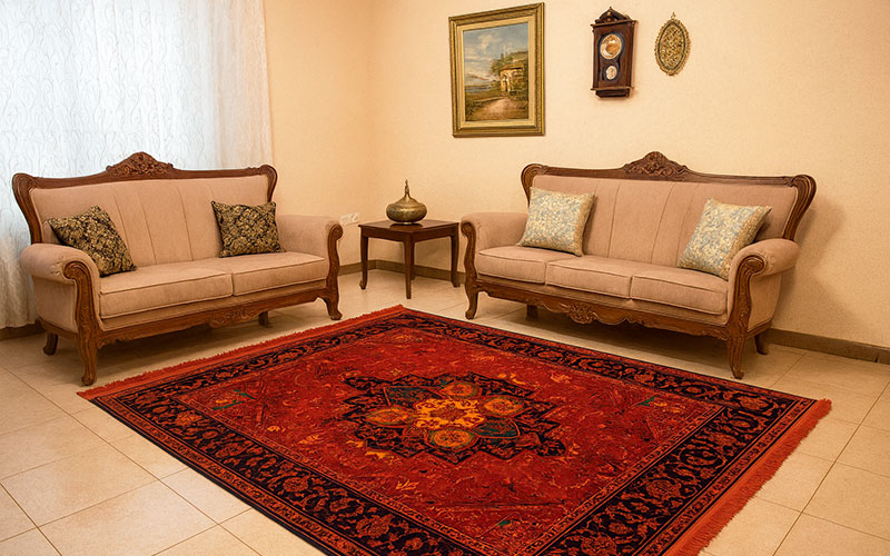 فرش قرمز سنتی طرح هریس در دکوراسیون کلاسیک ایرانی